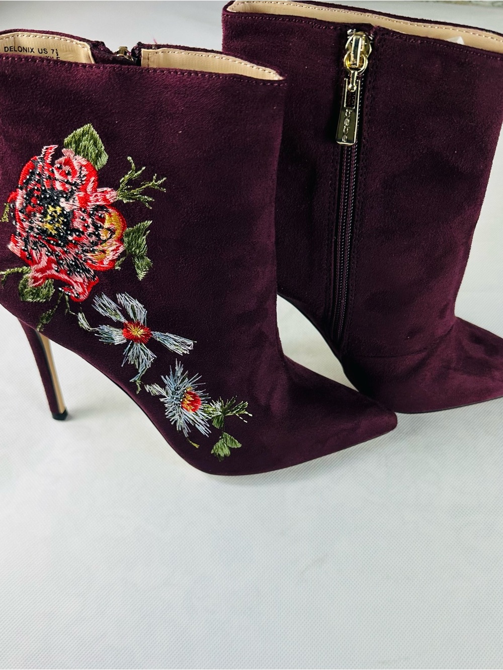 bebe Burgundy Floral Embroidered Pointed-Toe Ankle Booties - Picture 15 of 15